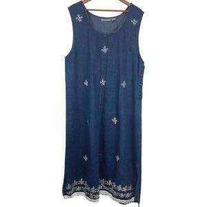Vintage Denim Jumper Dress Pleasant Shade 3X  Floral Embroidered Lace Trim